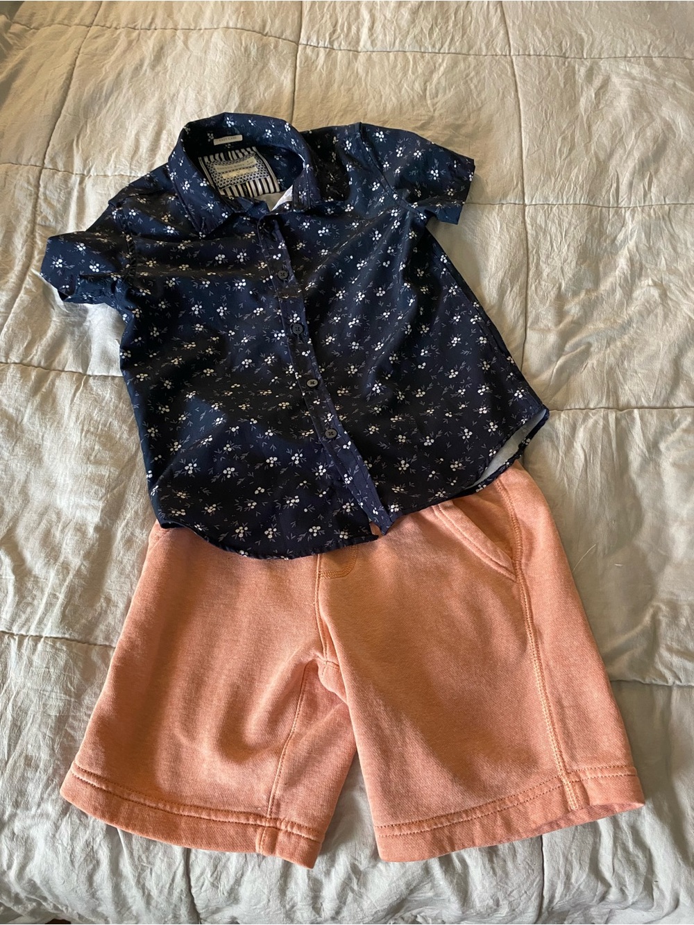Kids Navy Floral Button-Up Top and Peach Shorts Matching Set